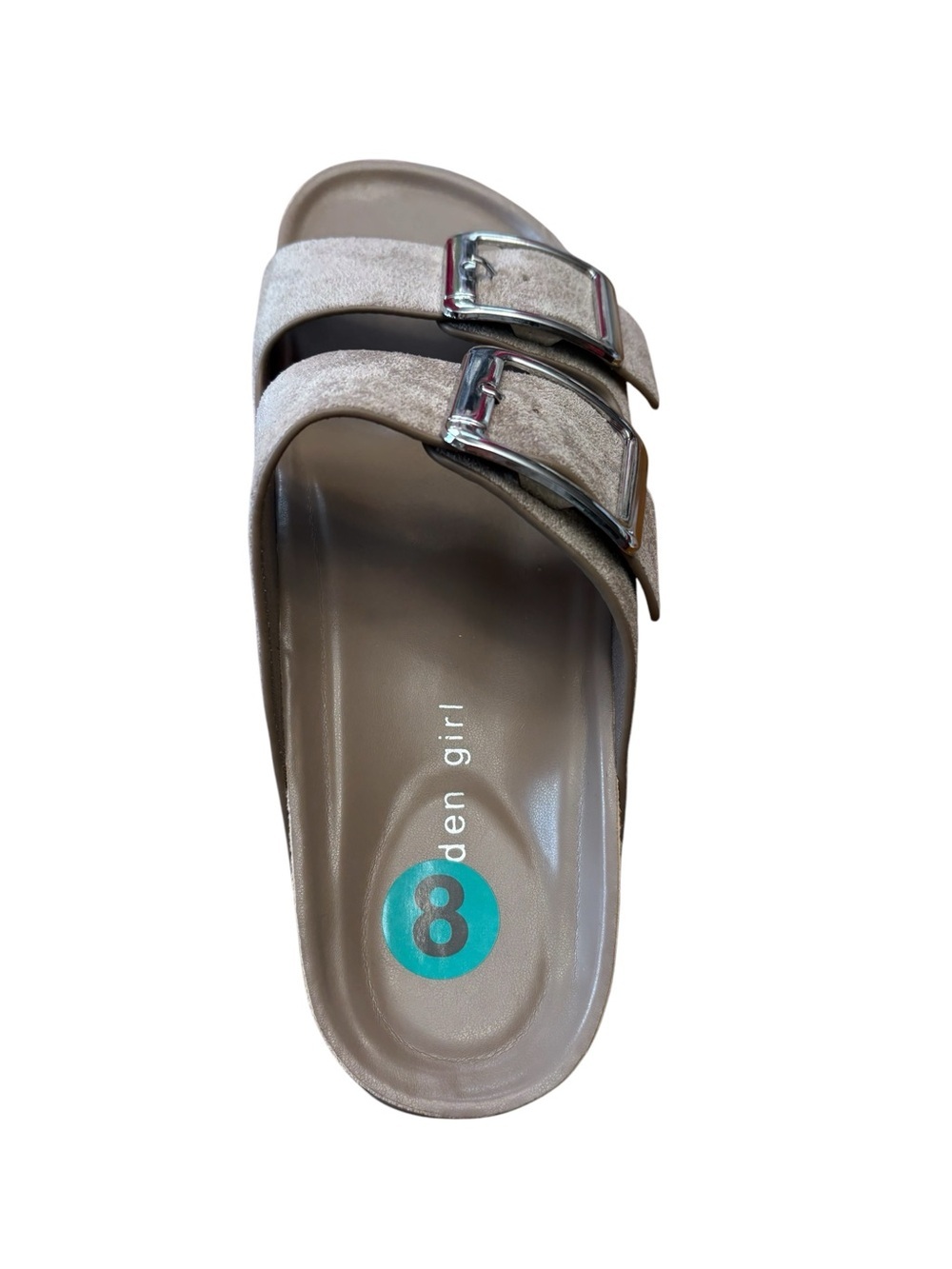 Madden Girl, Double Buckle Slide Sandals Taupe Metallic, Size 8, Comfort Footbed - Picture 2 of 9